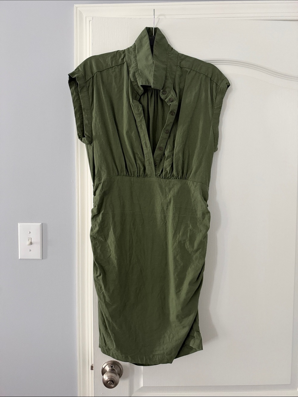 Olive Green Cap-Sleeve Shirt Dress